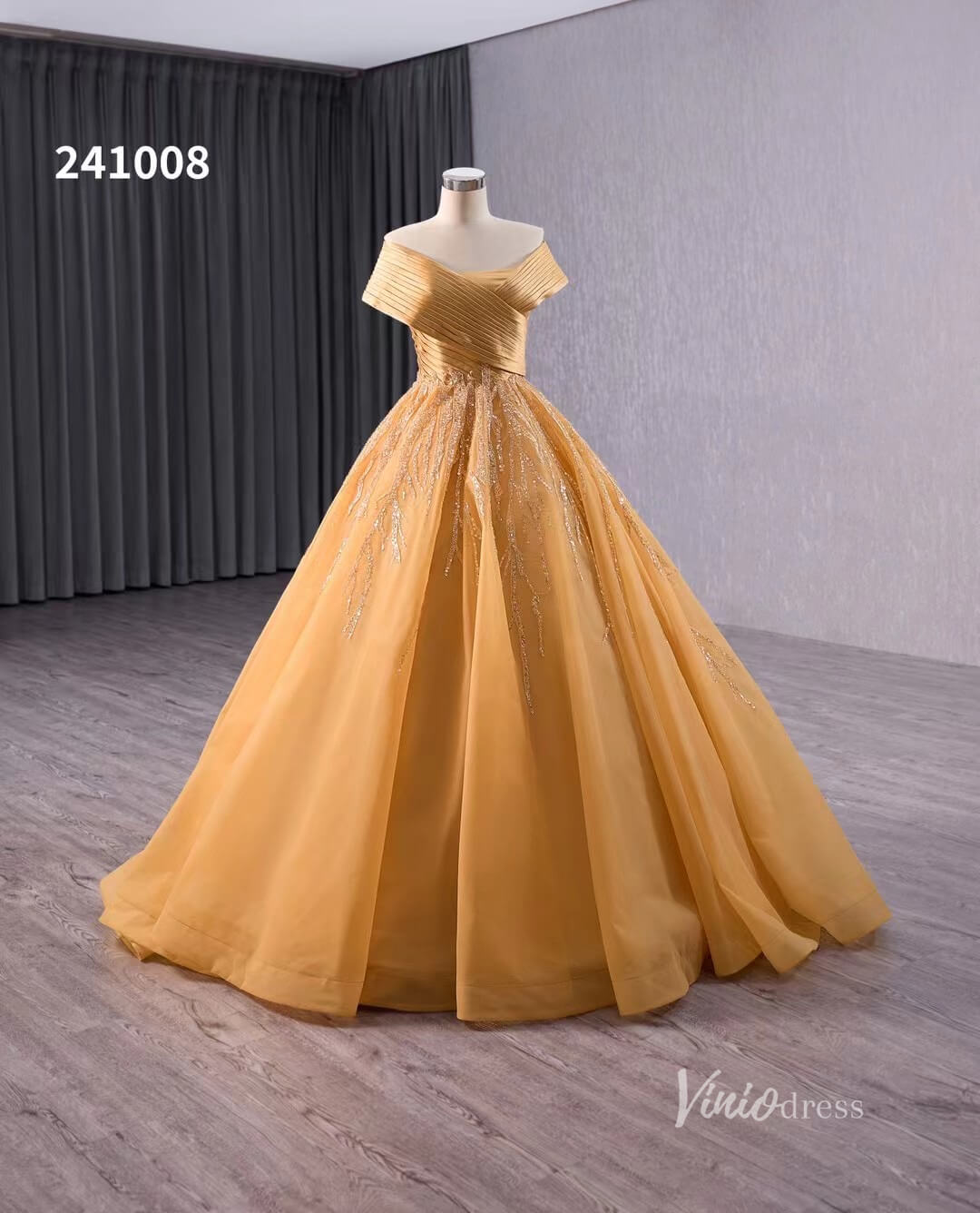 Gold Beaded Wedding Dresses Ball Gown Off the Shoulder Quinceanera Dress 241008 - ViniodressQuinceanera DressesGoldCustom Size - Formal Dresses - Ball Gowns