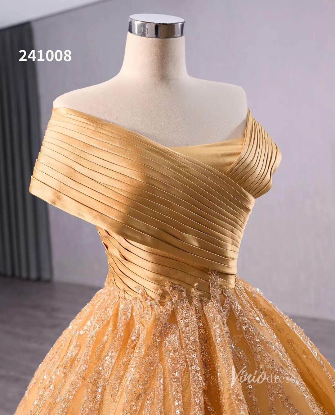 Gold Beaded Wedding Dresses Ball Gown Off the Shoulder Quinceanera Dress 241008 - ViniodressQuinceanera DressesGoldCustom Size - Formal Dresses - Ball Gowns