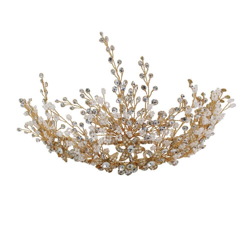 Gold Blooming Floral Tiara Quinceanera Crown AC1114-Headpieces 2025 -Viniodress-Gold-