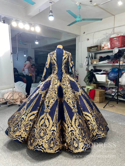 Gold Blue Muslim Wedding Dress Long Sleeve Ball Gown 67026 high neck-Quinceanera Dresses 2025 -Viniodress-Navy Blue-Custom Size-