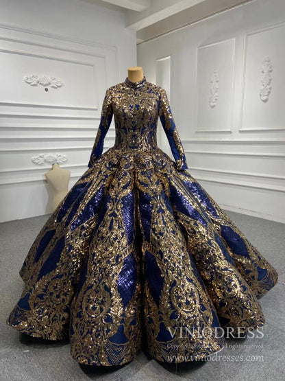 Gold Blue Muslim Wedding Dress Long Sleeve Ball Gown 67026 high neck-Quinceanera Dresses 2025 -Viniodress-Navy Blue-Custom Size-