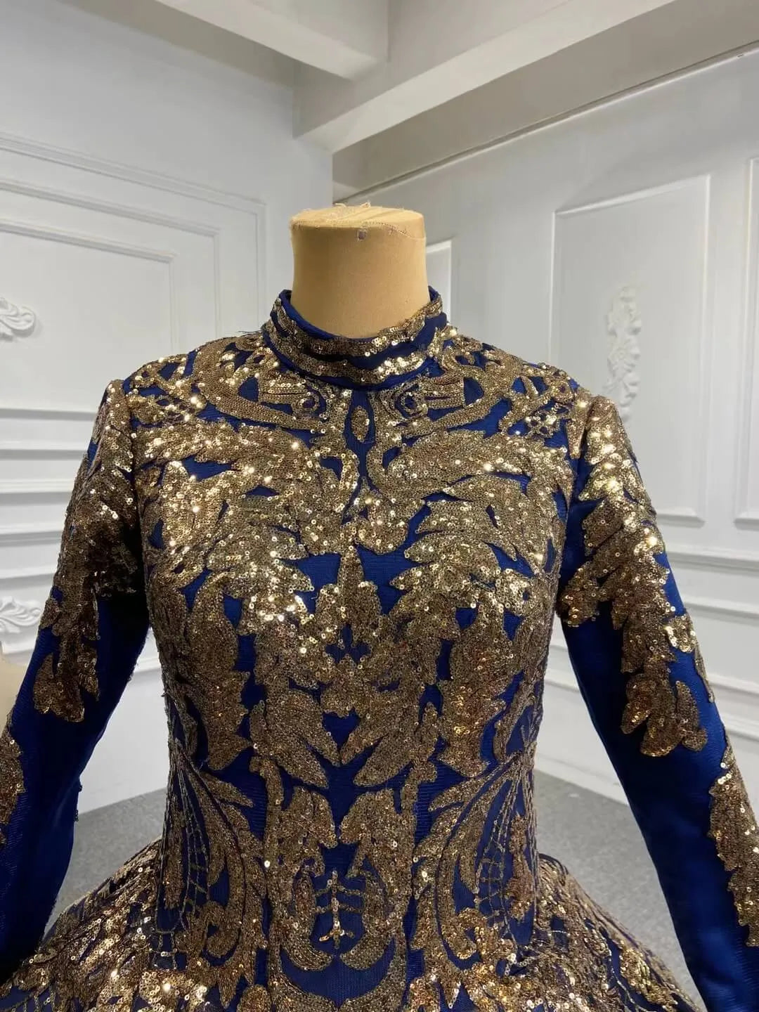 Gold Blue Muslim Wedding Dress Long Sleeve Ball Gown 67026 high neck-Quinceanera Dresses 2025 -Viniodress-Navy Blue-Custom Size-