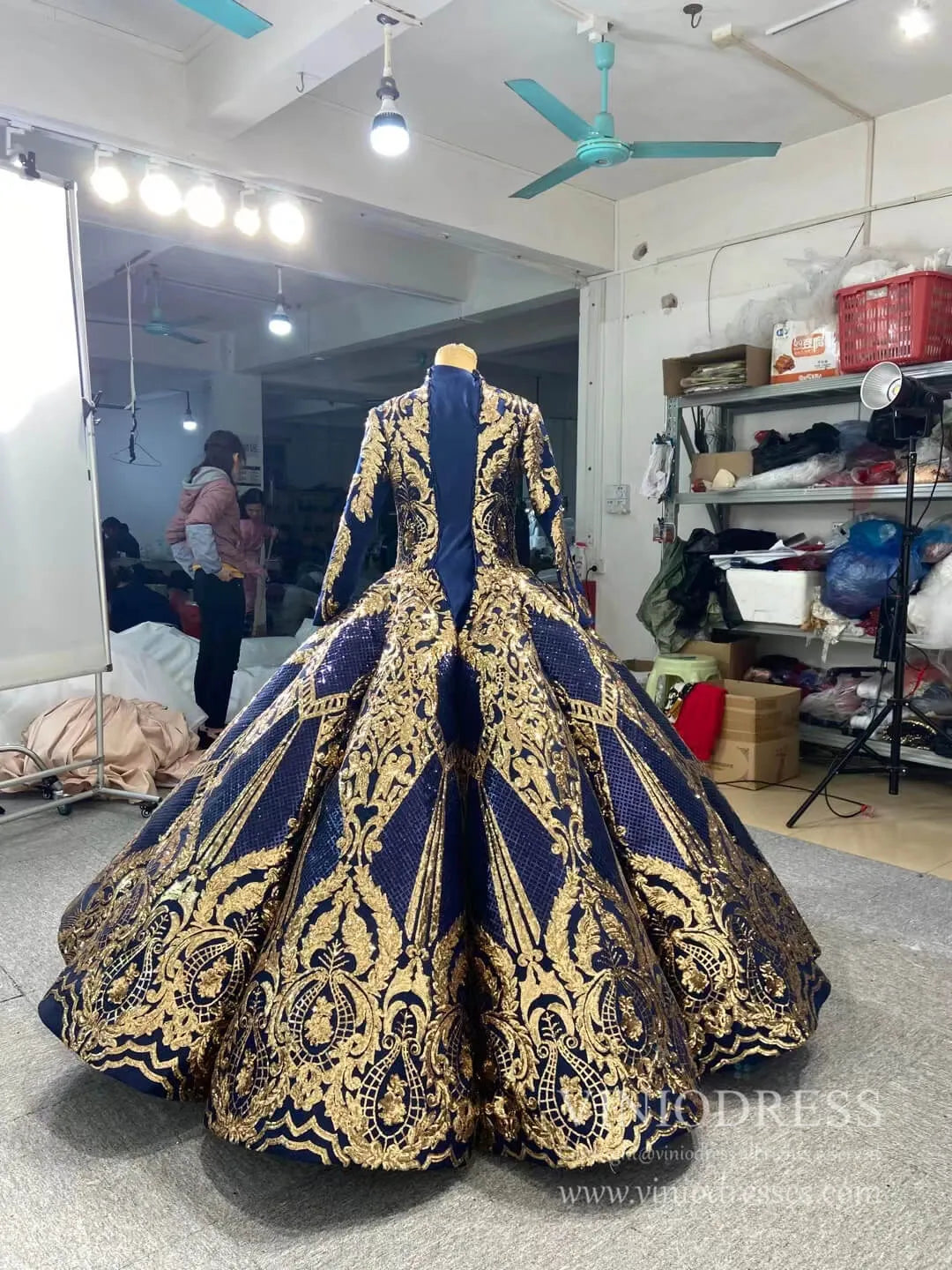 Gold Blue Muslim Wedding Dress Long Sleeve Ball Gown 67026 high neck-Quinceanera Dresses 2025 -Viniodress-Navy Blue-Custom Size-