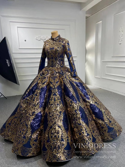 Gold Blue Muslim Wedding Dress Long Sleeve Ball Gown 67026 high neck Viniodress Gold Blue Muslim Wedding Dress Long Sleeve Ball Gown 67026 high neck Viniodress