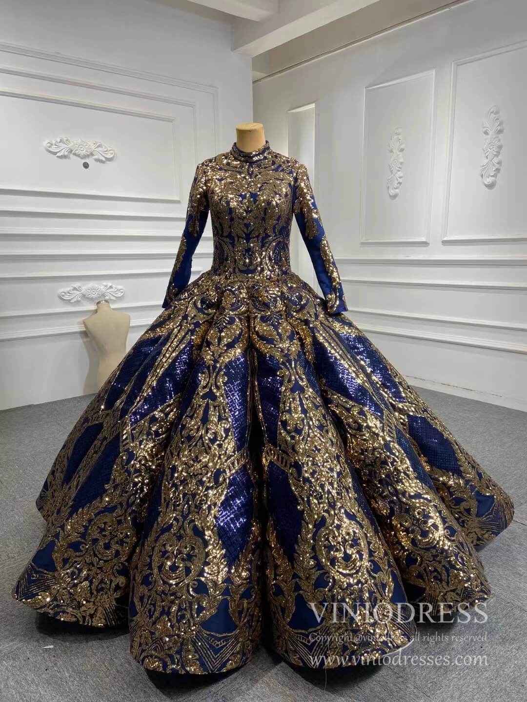 Gold Blue Muslim Wedding Dress Long Sleeve Ball Gown 67026 high neck-Quinceanera Dresses-Viniodress-Navy Blue-Custom Size-Viniodress