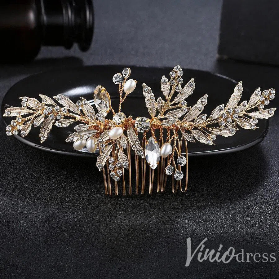 Gold Bridal Comb & Hairpins with Crystals and Metal Leaves ACC1160-Headpieces 2025 -Viniodress-Comb-