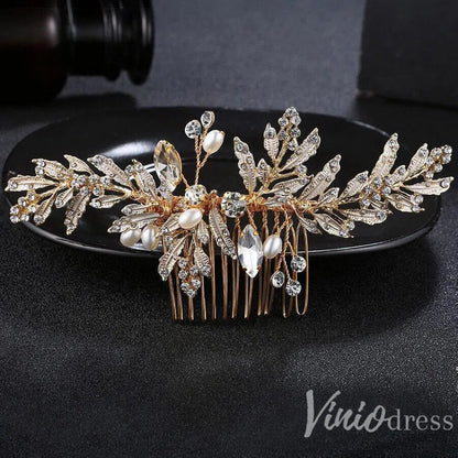 Gold Bridal Comb & Hairpins with Crystals and Metal Leaves ACC1160-Headpieces 2025 -Viniodress-Comb-