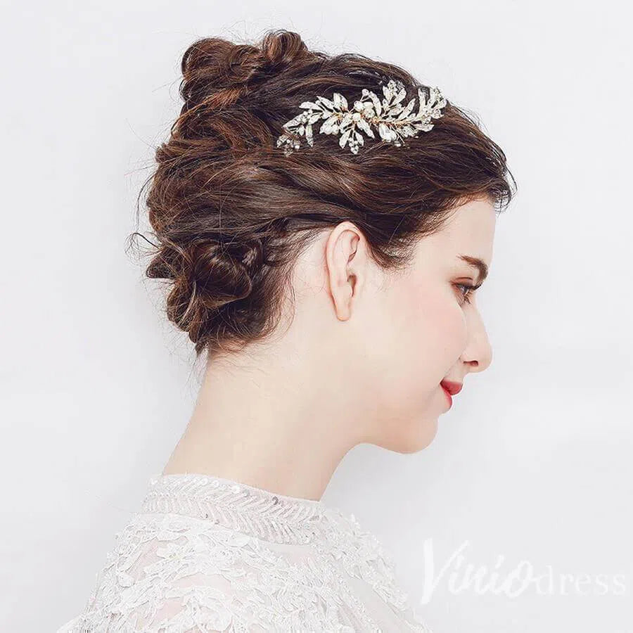 Gold Bridal Comb & Hairpins with Crystals and Metal Leaves ACC1160-Headpieces 2025 -Viniodress-Comb&Hairpins-