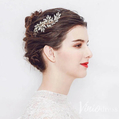 Gold Bridal Comb & Hairpins with Crystals and Metal Leaves ACC1160-Headpieces 2025 -Viniodress-Comb&Hairpins-