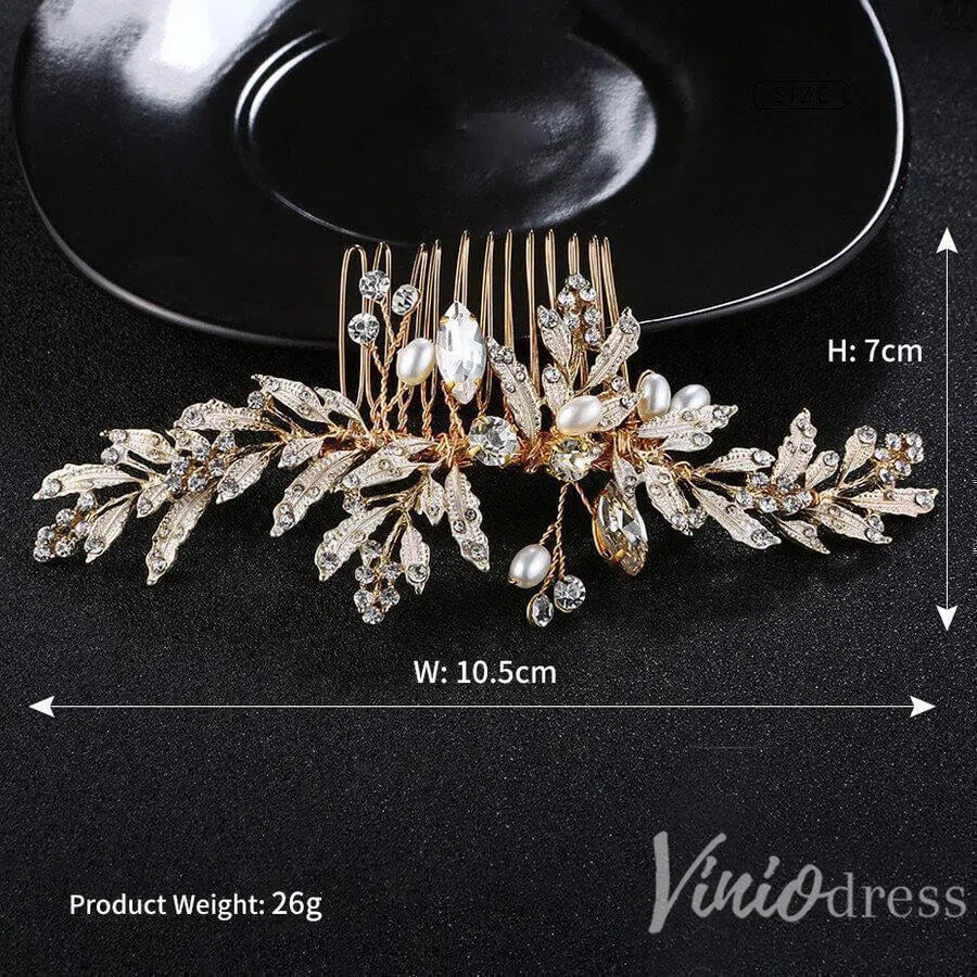 Gold Bridal Comb & Hairpins with Crystals and Metal Leaves ACC1160-Headpieces 2025 -Viniodress-Comb&Hairpins-