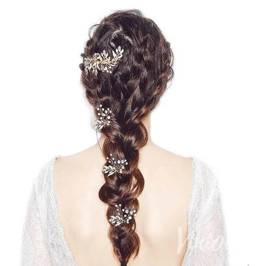 Gold Bridal Comb & Hairpins with Crystals and Metal Leaves ACC1160-Headpieces 2025 -Viniodress-Comb&Hairpins-