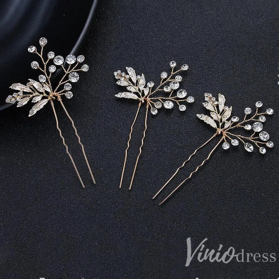Gold Bridal Comb & Hairpins with Crystals and Metal Leaves ACC1160-Headpieces 2025 -Viniodress-Hairpins/3pcs-
