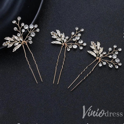 Gold Bridal Comb & Hairpins with Crystals and Metal Leaves ACC1160-Headpieces 2025 -Viniodress-Hairpins/3pcs-