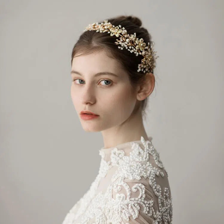 Gold Crystal and Pearl Headpiece Headband ACC1119-Headpieces 2025 -Viniodress-Gold-