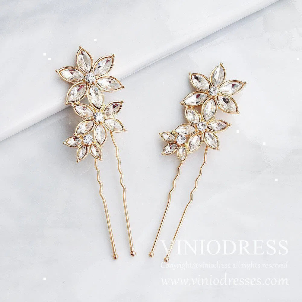 Gold Crystal Blossom Bridal Hairpins AC1024-Headpieces 2025 -Viniodress-Gold-