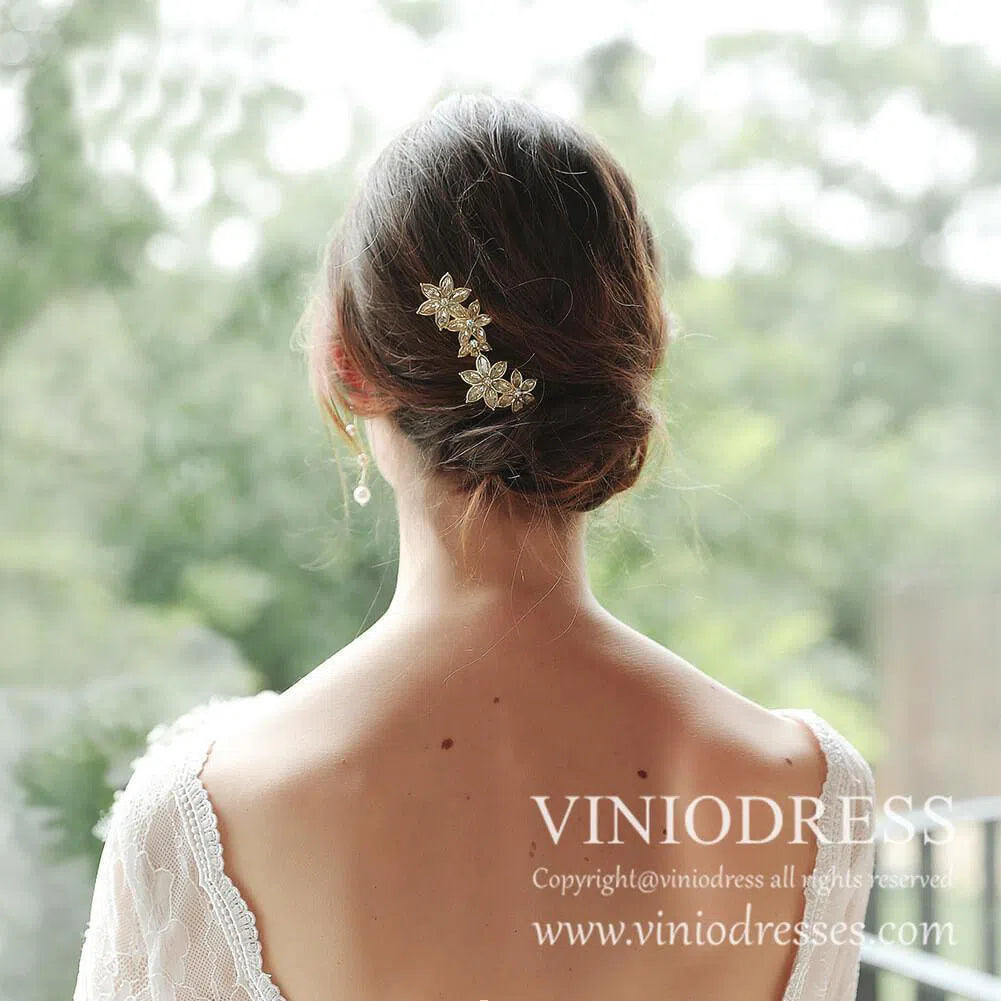 Gold Crystal Blossom Bridal Hairpins AC1024-Headpieces 2025 -Viniodress-Gold-