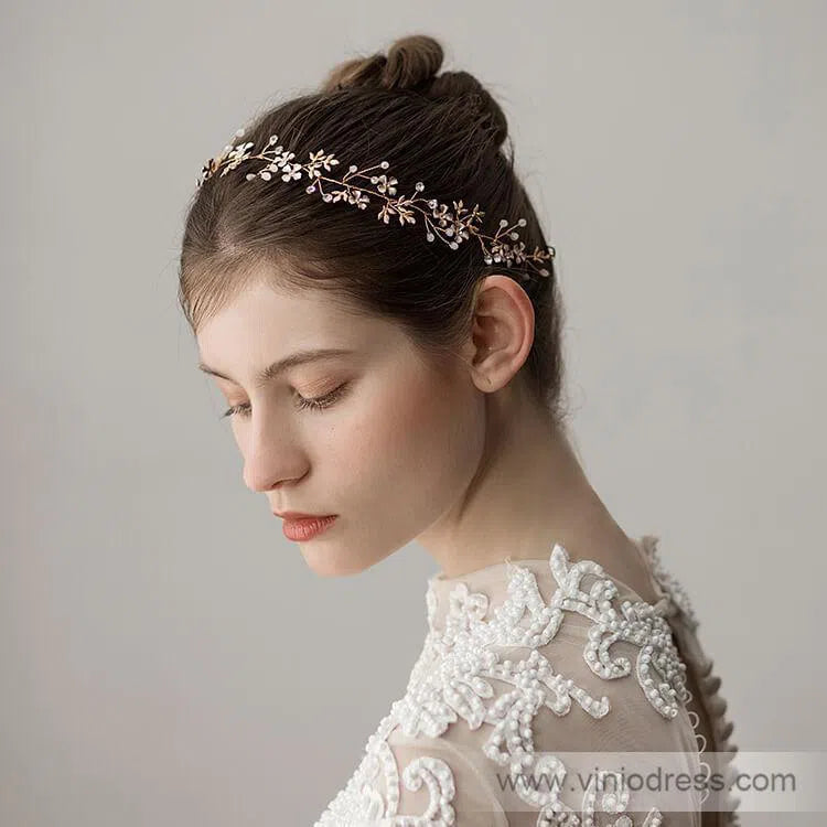 Gold Crystal Sprig Petals Headband with Gold Leaves Viniodress ACC1097-Headpieces 2025 -Viniodress-Gold-