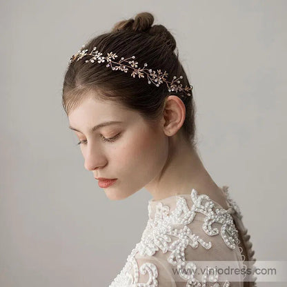 Gold Crystal Sprig Petals Headband with Gold Leaves Viniodress ACC1097-Headpieces 2025 -Viniodress-Gold-