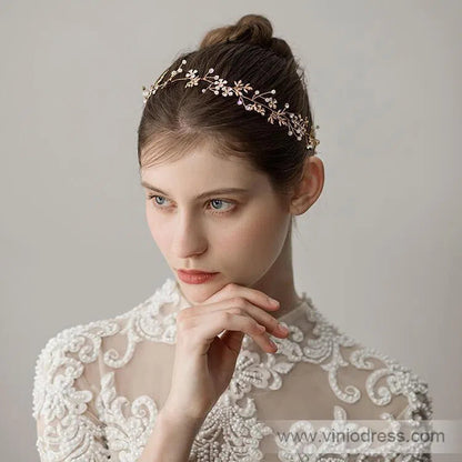 Gold Crystal Sprig Petals Headband with Gold Leaves Viniodress ACC1097-Headpieces 2025 -Viniodress-Gold-