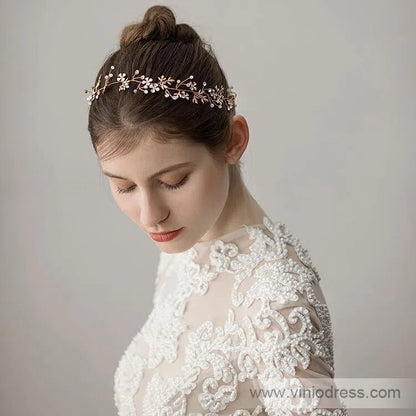 Gold Crystal Sprig Petals Headband with Gold Leaves Viniodress ACC1097-Headpieces 2025 -Viniodress-Gold-