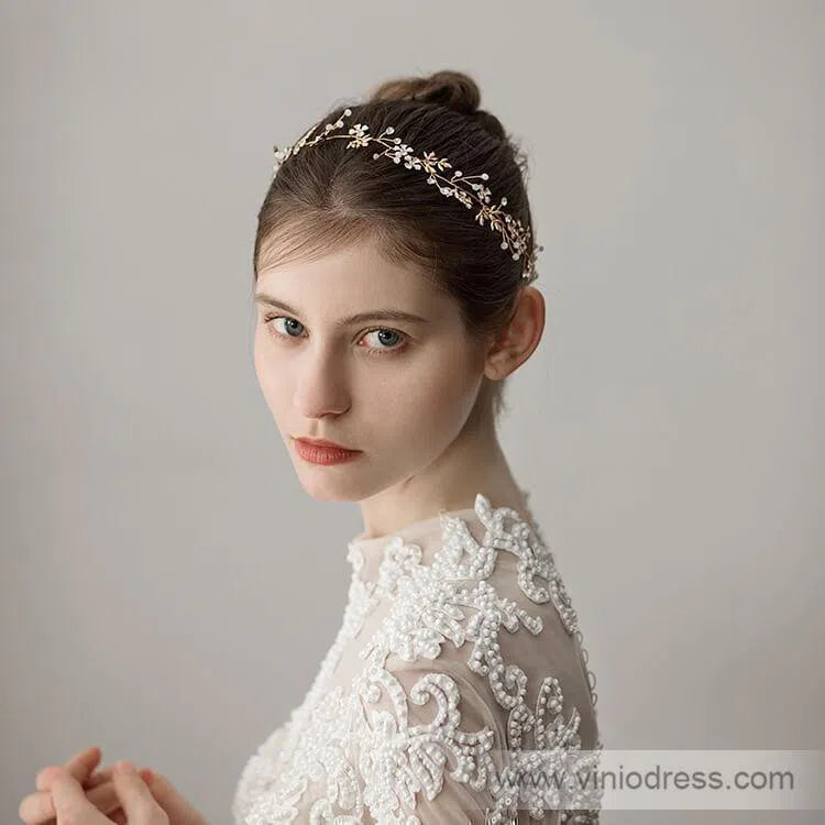 Gold Crystal Sprig Petals Headband with Gold Leaves Viniodress ACC1097-Headpieces-Viniodress-Gold-Viniodress