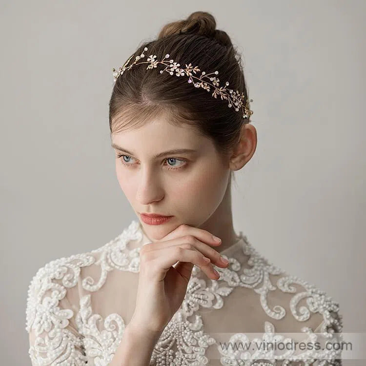 Gold Crystal Sprig Petals Headband with Gold Leaves Viniodress ACC1097-Headpieces-Viniodress-Gold-Viniodress