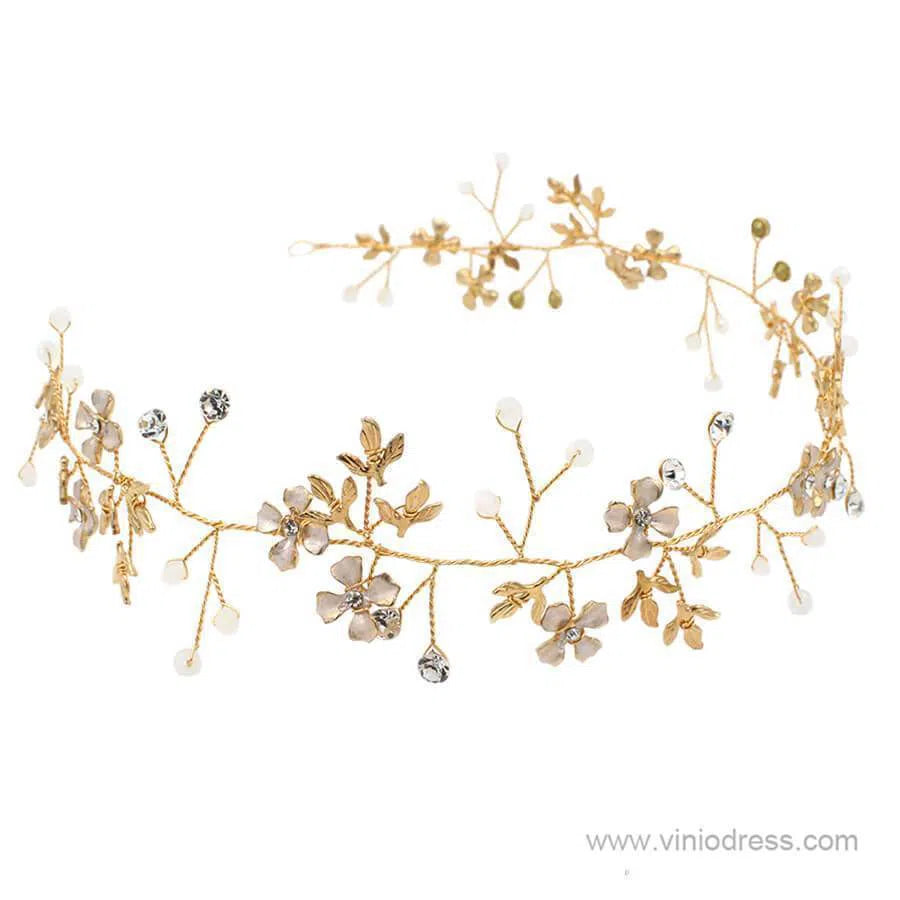 Gold Crystal Sprig Petals Headband with Gold Leaves Viniodress ACC1097-Headpieces-Viniodress-Gold-Viniodress