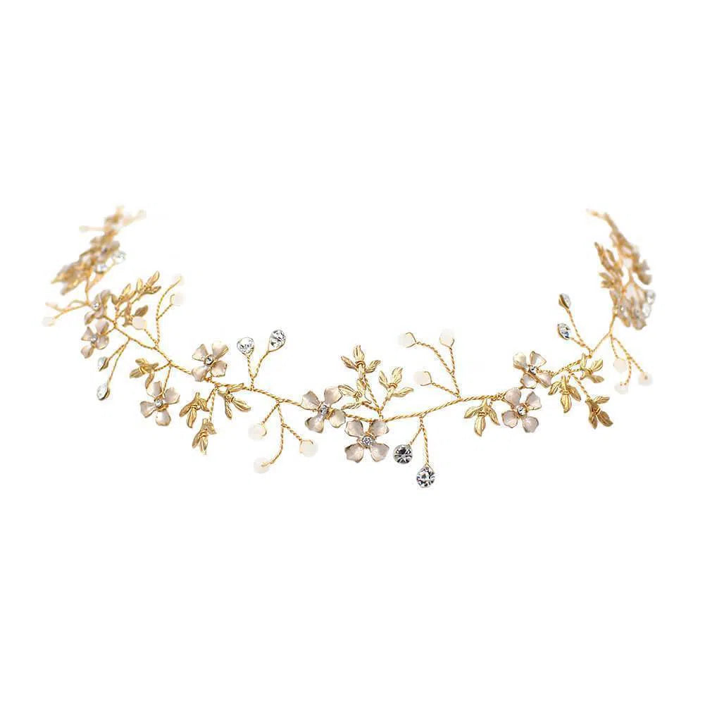 Gold Crystal Sprig Petals Headband with Gold Leaves Viniodress ACC1097-Headpieces-Viniodress-Gold-Viniodress