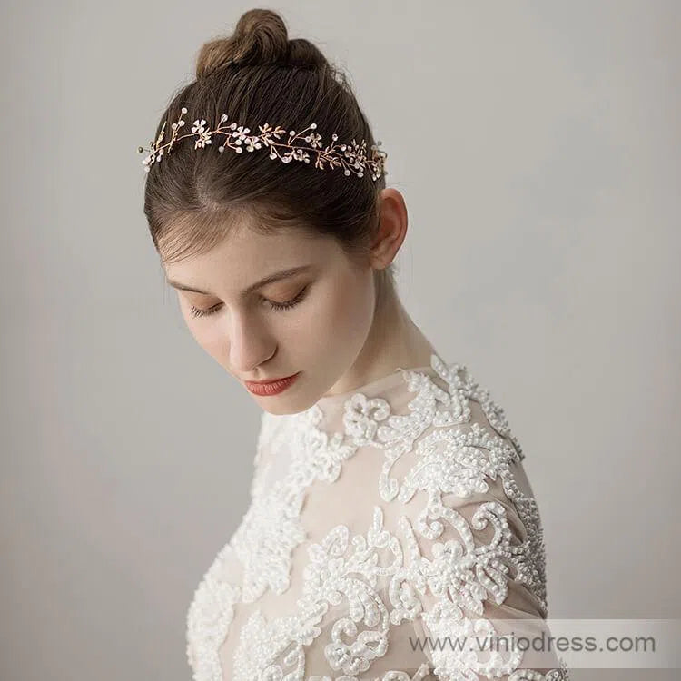 Gold Crystal Sprig Petals Headband with Gold Leaves Viniodress ACC1097-Headpieces-Viniodress-Gold-Viniodress