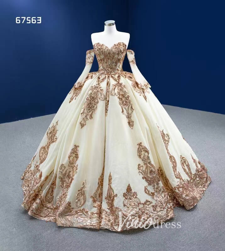 Gold Debut Ball Gown Cinderella Sweet 16 Dress Wedding Dresses 67563-Quinceanera Dresses 2025 -Viniodress-Gold-Custom Size-