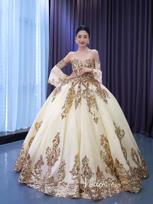 Gold Debut Ball Gown Cinderella Sweet 16 Dress Wedding Dresses 67563-Quinceanera Dresses 2025 -Viniodress-Gold-Custom Size-