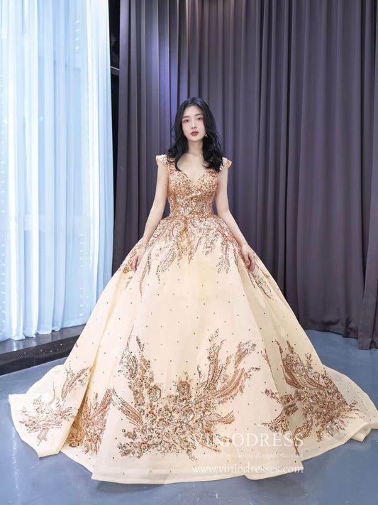 Gold Debut Gown Off the Shoulder Cinderella Ball Gown Wedding Dresses 222167-Quinceanera Dresses 2025 -Viniodress-Gold-Custom Size-