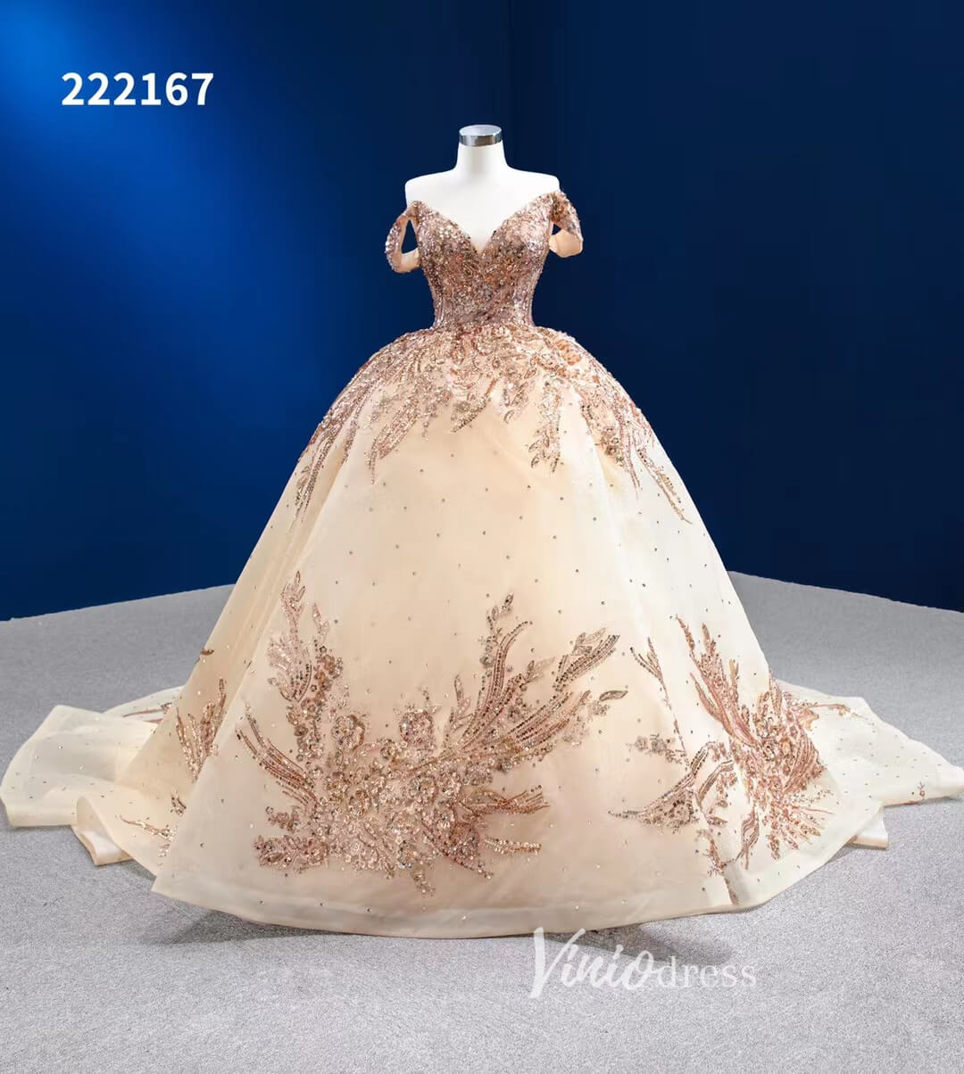 Gold Debut Gown Off the Shoulder Cinderella Ball Gown Wedding Dresses 222167-Quinceanera Dresses 2025 -Viniodress-Gold-Custom Size-