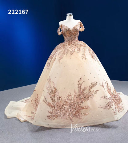 Gold Debut Gown Off the Shoulder Cinderella Ball Gown Wedding Dresses 222167-Quinceanera Dresses 2025 -Viniodress-Gold-Custom Size-