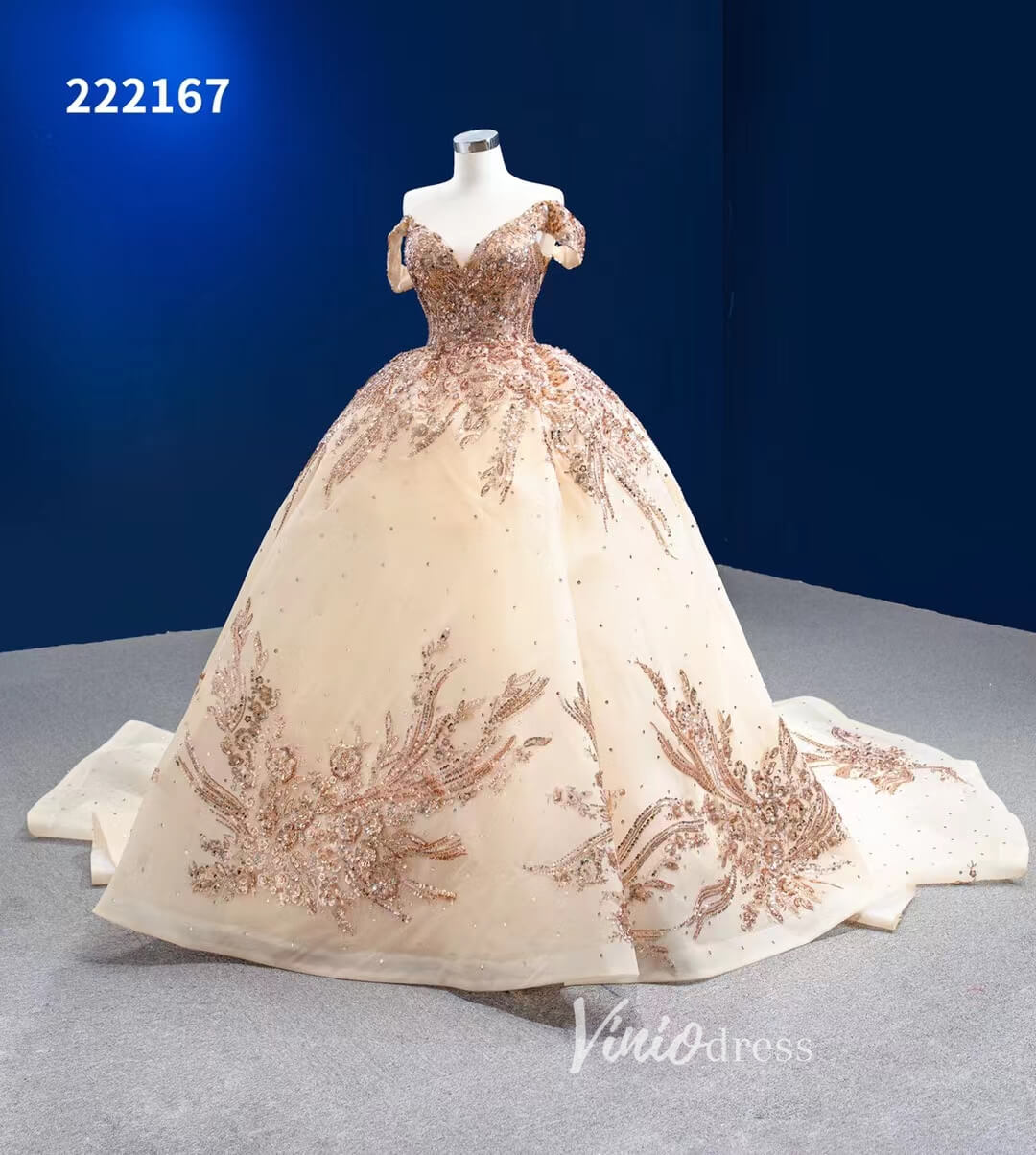 Gold Debut Gown Off the Shoulder Cinderella Ball Gown Wedding Dresses 222167-Quinceanera Dresses 2025 -Viniodress-Gold-Custom Size-