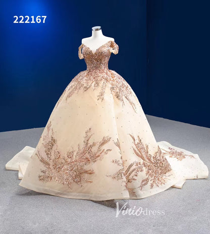 Gold Debut Gown Off the Shoulder Cinderella Ball Gown Wedding Dresses 222167-Quinceanera Dresses 2025 -Viniodress-Gold-Custom Size-