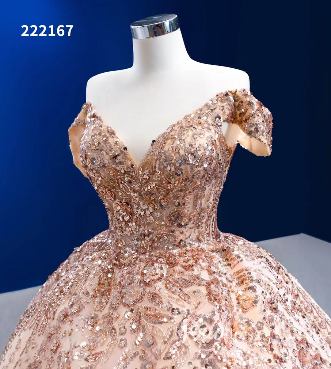 Gold Debut Gown Off the Shoulder Cinderella Ball Gown Wedding Dresses 222167-Quinceanera Dresses 2025 -Viniodress-Gold-Custom Size-