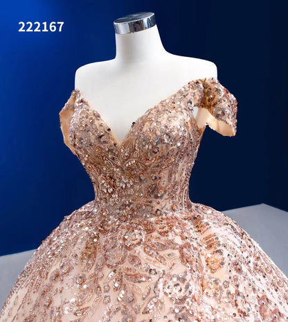 Gold Debut Gown Off the Shoulder Cinderella Ball Gown Wedding Dresses 222167-Quinceanera Dresses 2025 -Viniodress-Gold-Custom Size-