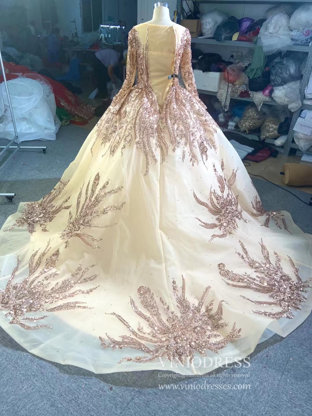 Gold Debut Gown Off the Shoulder Cinderella Ball Gown Wedding Dresses 222167-Quinceanera Dresses-Viniodress-Viniodress