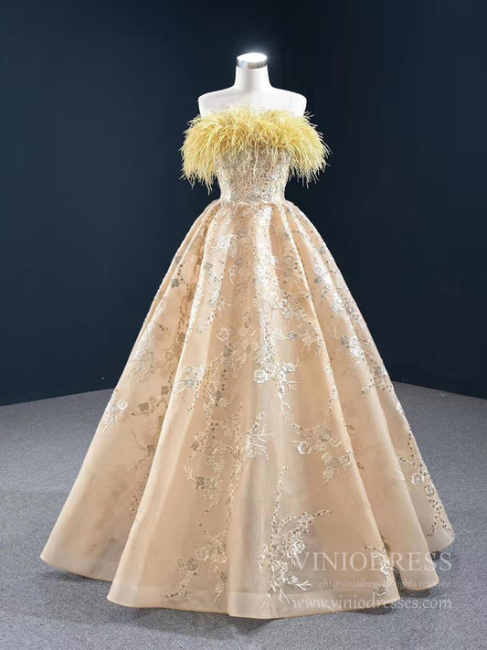 Gold Feather Formal Dress Champagne Lace Prom Dress FD2437 viniodress-prom dresses 2025 -Viniodress-Gold-Custom Size-