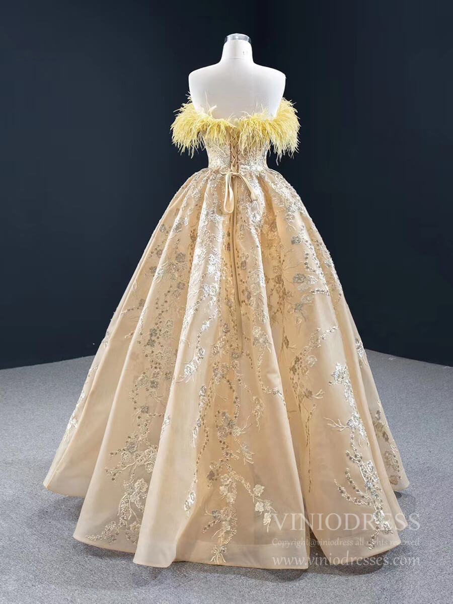Gold Feather Formal Dress Champagne Lace Prom Dress FD2437 viniodress-prom dresses 2025 -Viniodress-Gold-Custom Size-