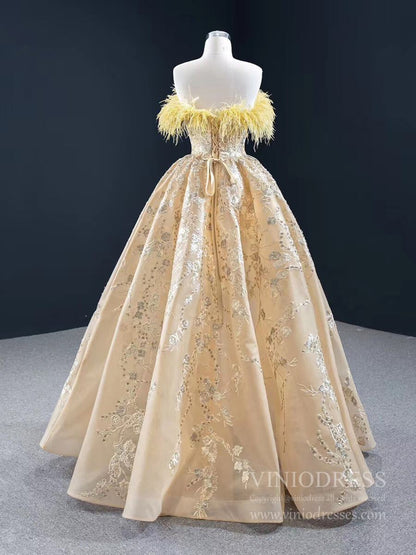 Gold Feather Formal Dress Champagne Lace Prom Dress FD2437 viniodress-prom dresses 2025 -Viniodress-Gold-Custom Size-