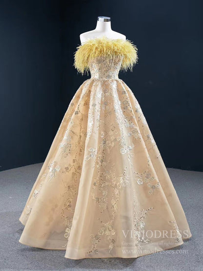 Gold Feather Formal Dress Champagne Lace Prom Dress FD2437 viniodress-prom dresses 2025 -Viniodress-Gold-Custom Size-