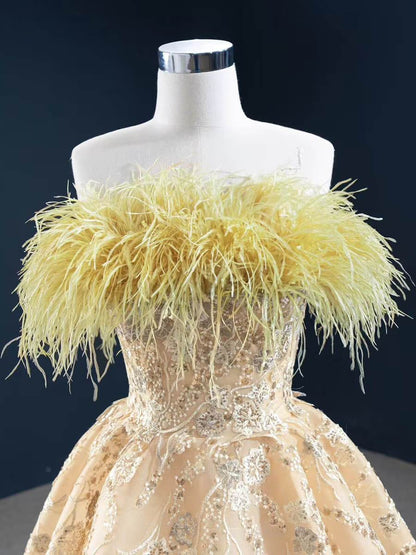 Gold Feather Formal Dress Champagne Lace Prom Dress FD2437 viniodress-prom dresses 2025 -Viniodress-Gold-Custom Size-