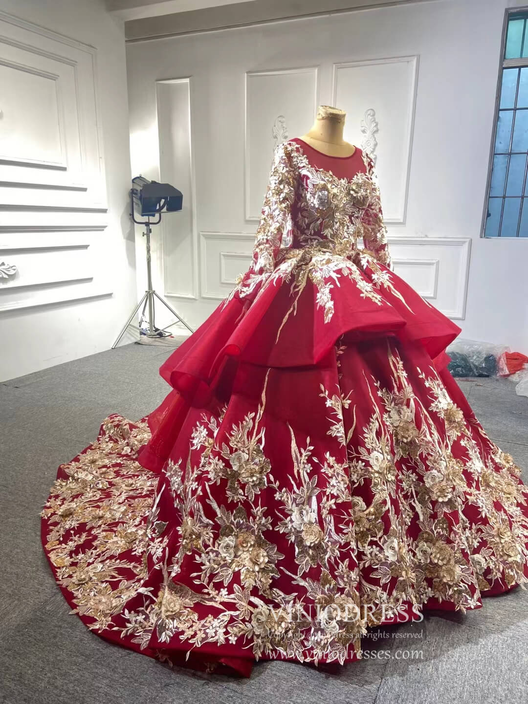 Gold Floral Red Ball Gown Wedding Dress Vintage Quince Dress 67467 – Viniodress Gold Floral Red Ball Gown Wedding Dress Vintage Quince Dress 67467 – Viniodress