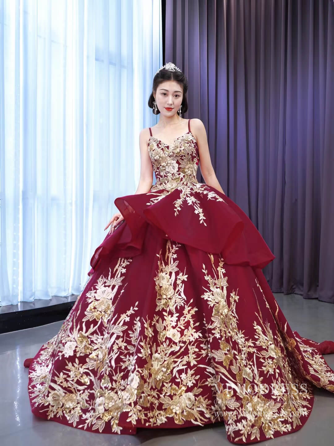 Gold Floral Red Ball Gown Wedding Dress Vintage Quince Dress 67467 Viniodress Gold Floral Red Ball Gown Wedding Dress Vintage Quince Dress 67467 Viniodress