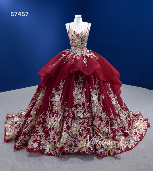 Gold Floral Red Ball Gown Wedding Dress Vintage Quince Dress 67467-Quinceanera Dresses 2025 -Viniodress-Burgundy-Custom Size-