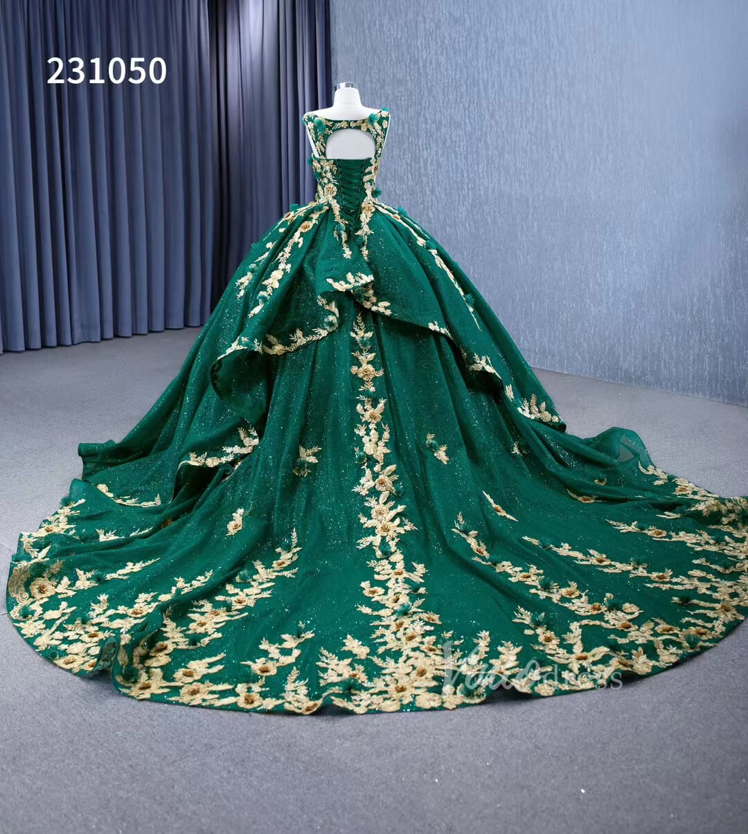 Gold Flower Green Wedding Dresses Sparly Tulle Ball Gowns 231050-Quinceanera Dresses 2025 -Viniodress-Emerald Green-Custom Size-