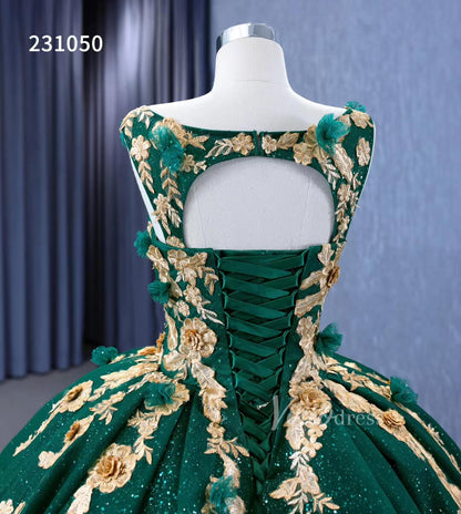 Gold Flower Green Wedding Dresses Sparly Tulle Ball Gowns 231050-Quinceanera Dresses 2025 -Viniodress-Emerald Green-Custom Size-