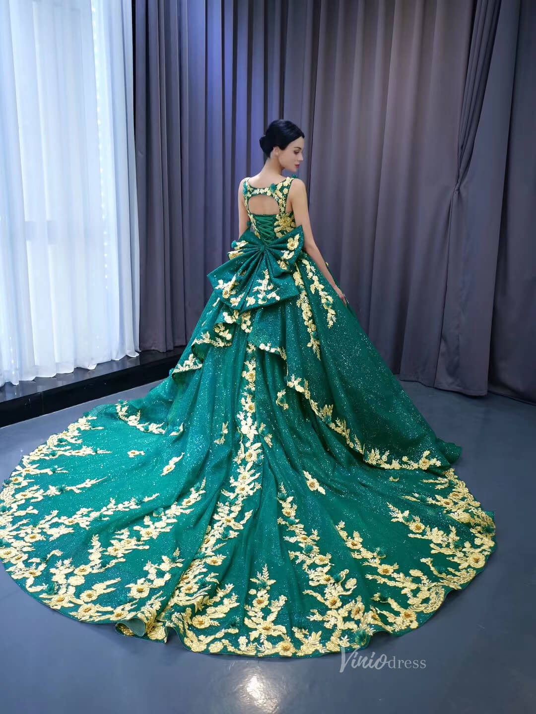 Gold Flower Green Wedding Dresses Sparly Tulle Ball Gowns 231050 - ViniodressQuinceanera DressesEmerald GreenCustom Size - Formal Dresses - Ball Gowns